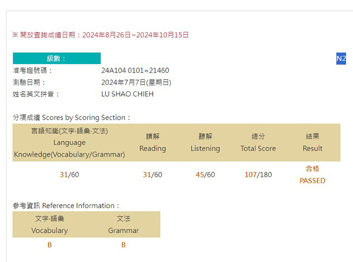 2024年7月日語檢定(JLPT)學員心得
